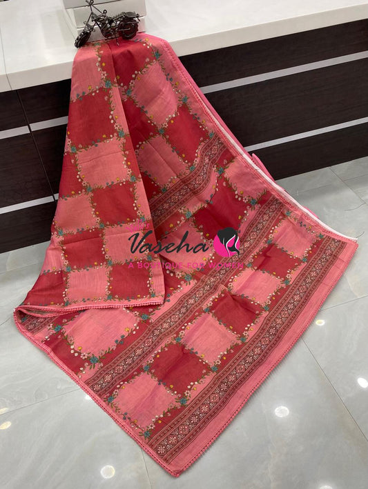 Linen Tissue Saree -  Light & Dark Combo - Pinkish Red Shade - VVLTS007