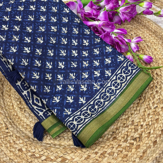 Semi Maheshwari Mixed Cotton Saree - Linen Feel - Indigo Blue & Green - VVMSC003