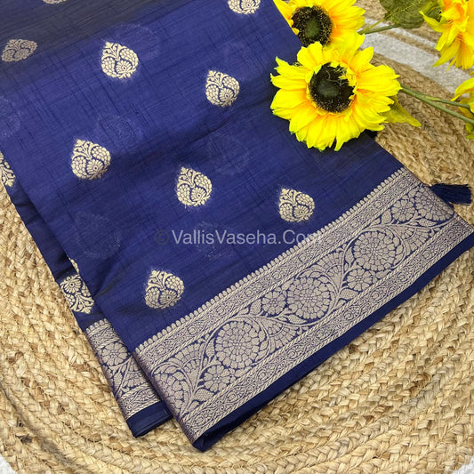 Semi Tussar Silk - Grand Pallu  - Navy Blue Shade - VVSTS029