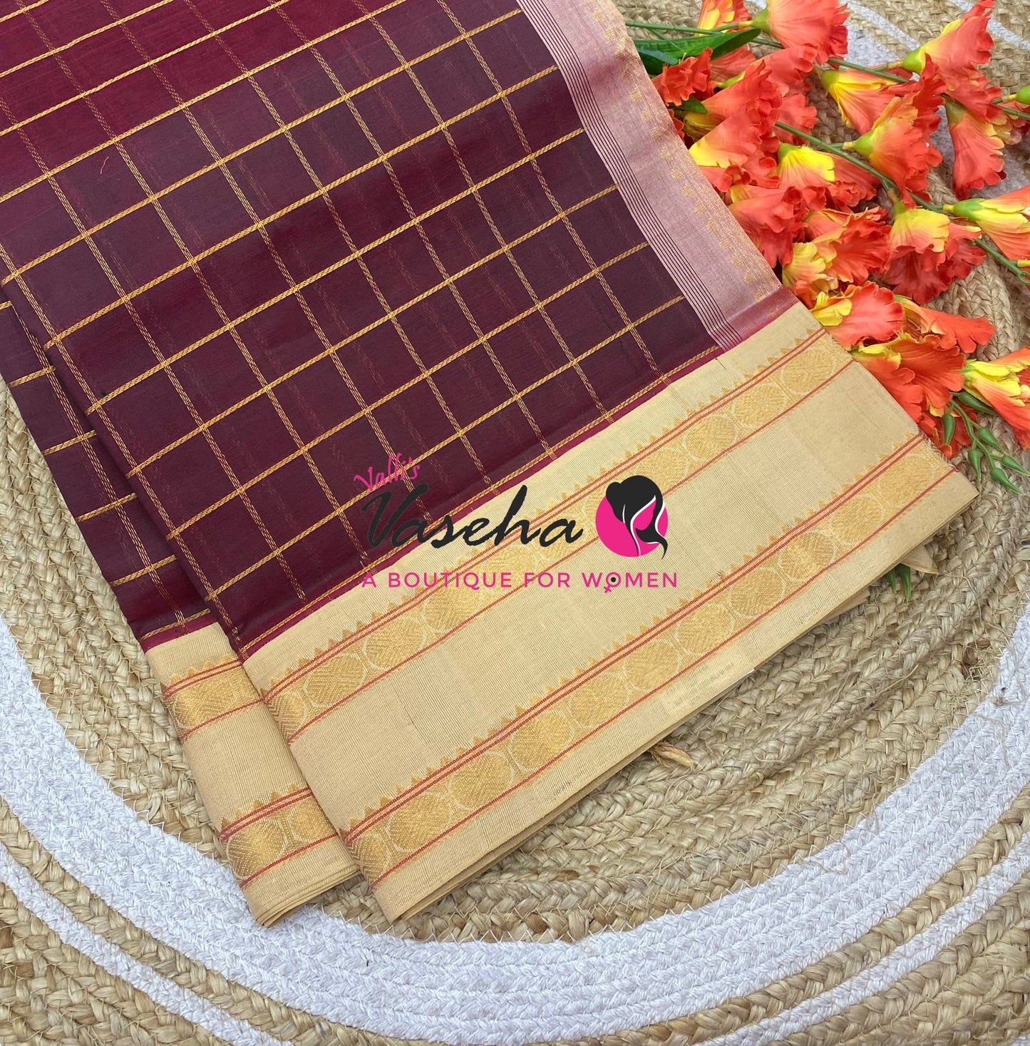 Pure Korvai Silk Cotton With Retta Petta Border - Checks pattern - Maroon & Cream - VVKSC013
