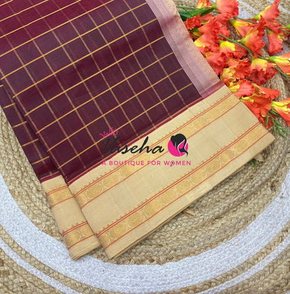 Pure Korvai Silk Cotton With Retta Petta Border - Checks pattern - Maroon & Cream - VVKSC013