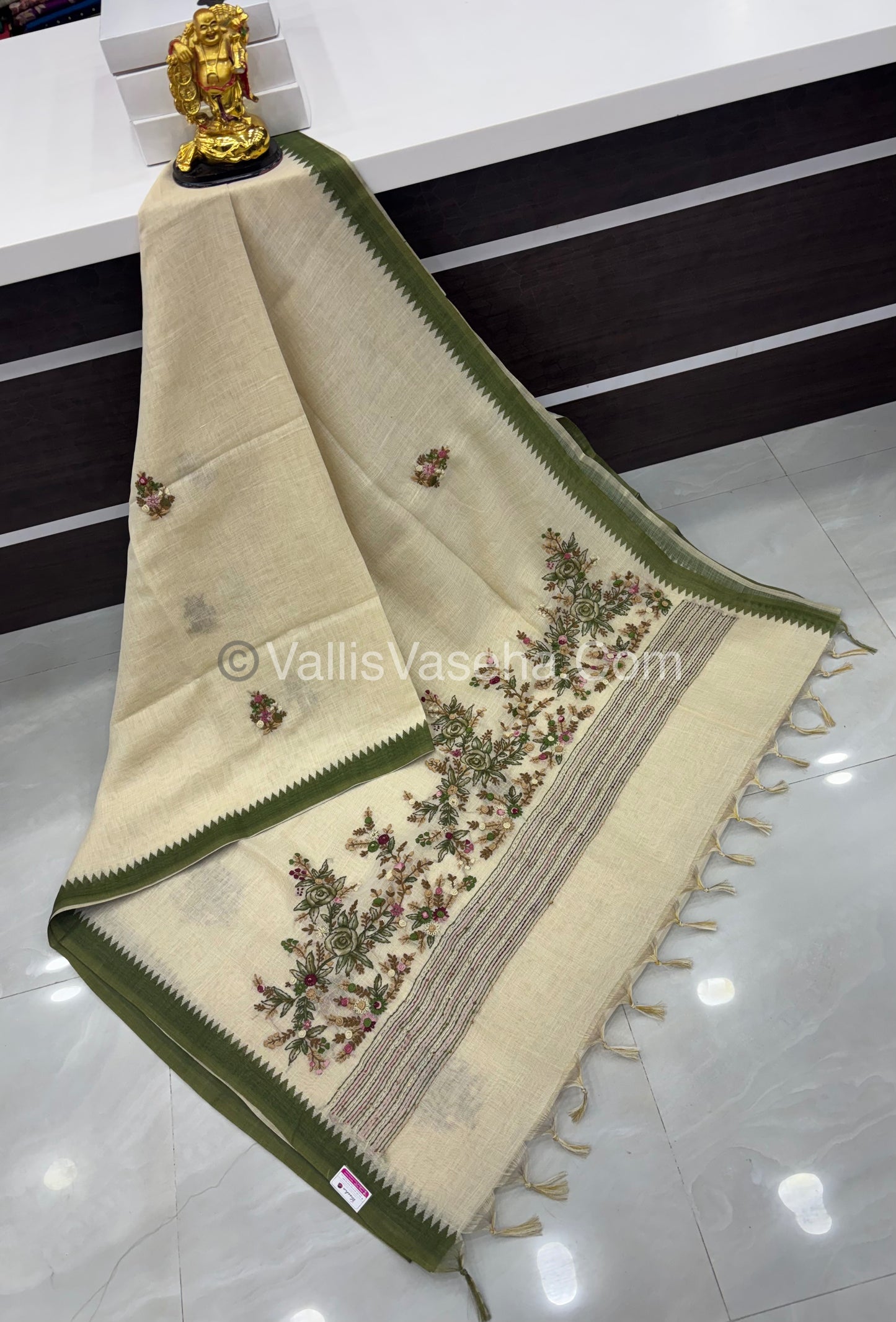 French Knot - Tissue Saree - Cream With Green Shade - VVLFN007
