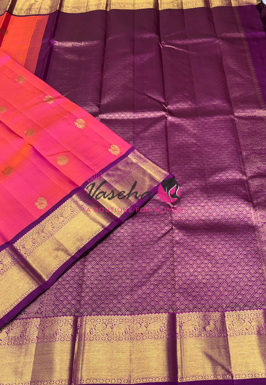 Pure Kanchipuram Silk Saree - Dual Tone Pink & Purple Shade  - VVPS022