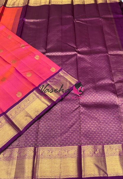 Pure Kanchipuram Silk Saree - Dual Tone Pink & Purple Shade  - VVPS022