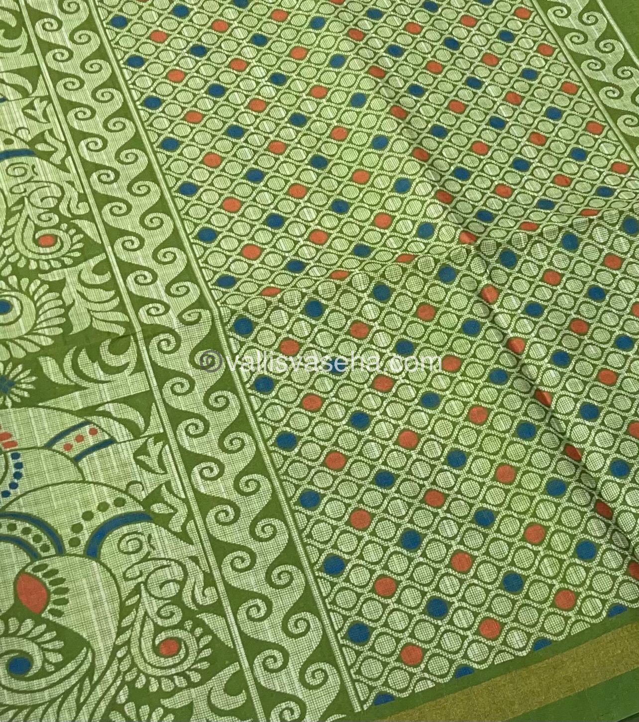 Semi Tussar / Semi Chappa Silk |Peacock Design | - Cream & Green Combo - VVSTS018