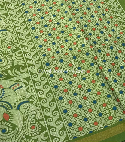 Semi Tussar / Semi Chappa Silk |Peacock Design | - Cream & Green Combo - VVSTS018