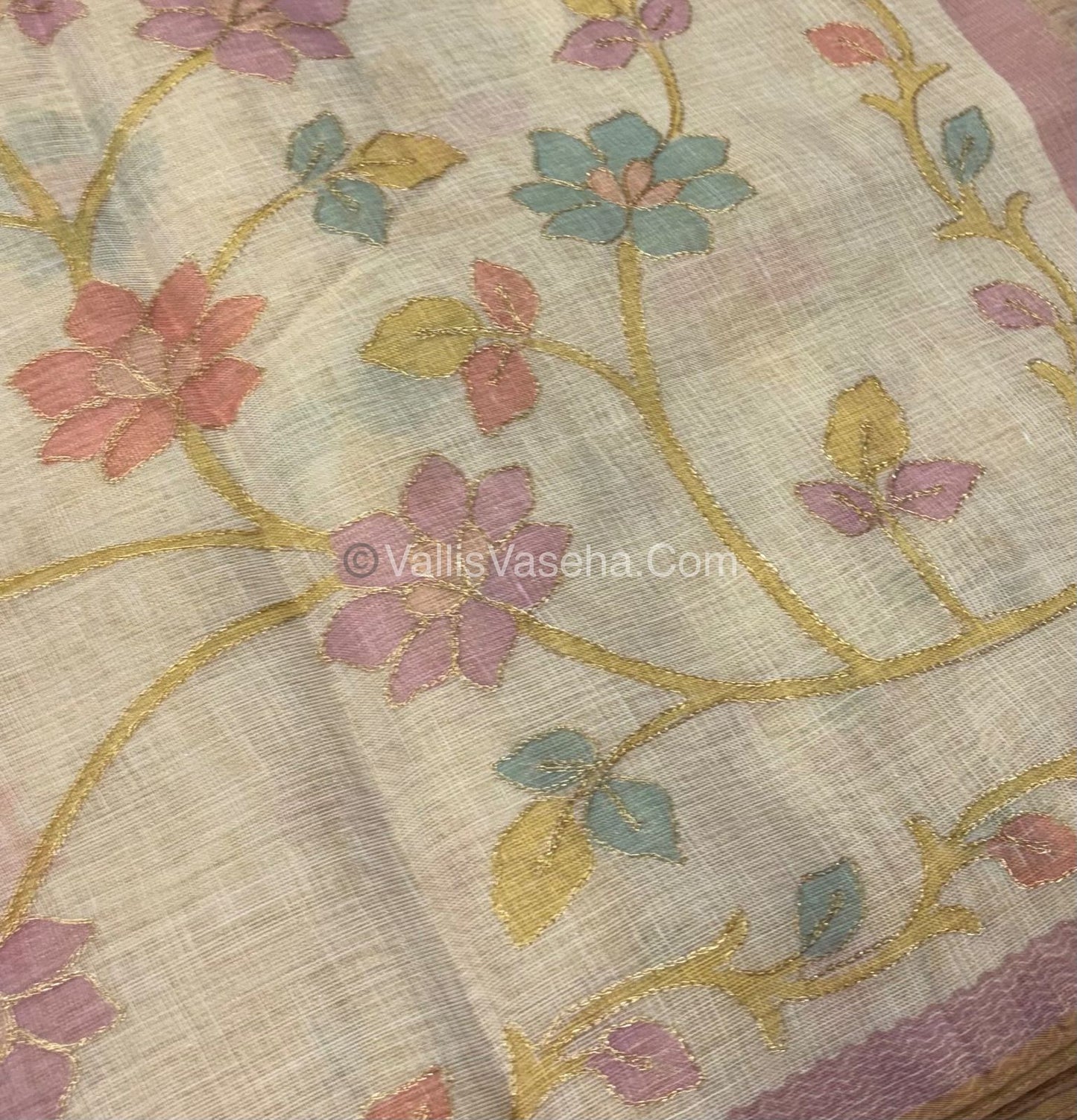 Tissue Linen Saree - Cream With Pink Shade - VVTLS002