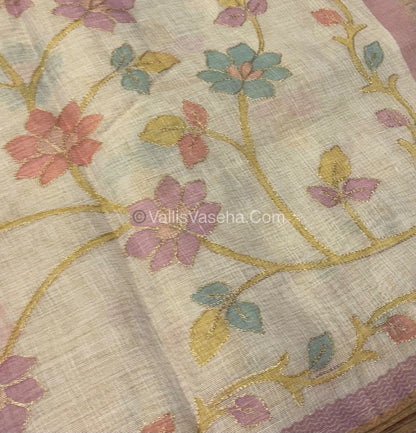 Tissue Linen Saree - Cream With Pink Shade - VVTLS002