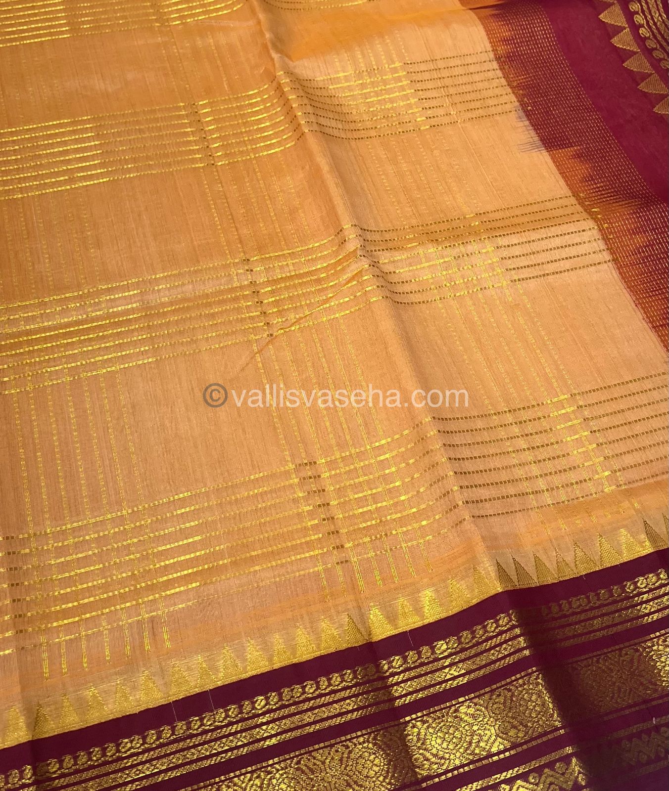 Pure Korvai Silk Cotton - Zari checks lines -Kanakambaram ( Light Peach )& Merun Combo - VVKSC010
