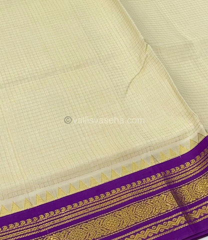 Pure Korvai Silk Cotton - Retta Petta Border - Cream( Half White )with Purple Combo - VVKSC010