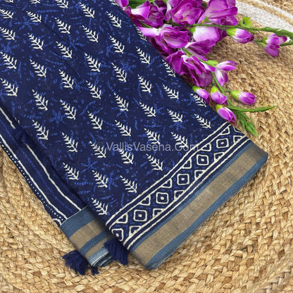 Semi Maheshwari Mixed Cotton Saree - Linen Feel - Indigo Blue & Grey - VVMSC003