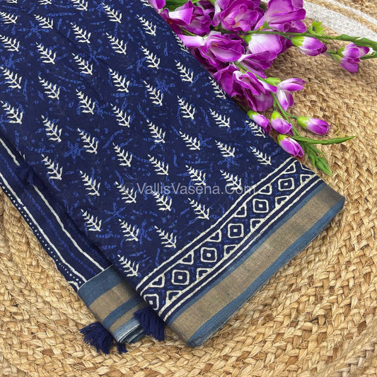 Semi Maheshwari Mixed Cotton Saree - Linen Feel - Indigo Blue & Grey - VVMSC003