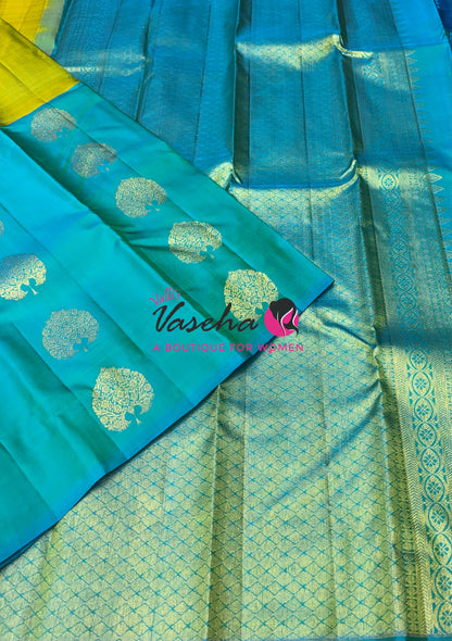 Pure Kanchipuram Silk Saree - Half & Half - Lemon Green with Turquoise Blue Shade - VVPS064
