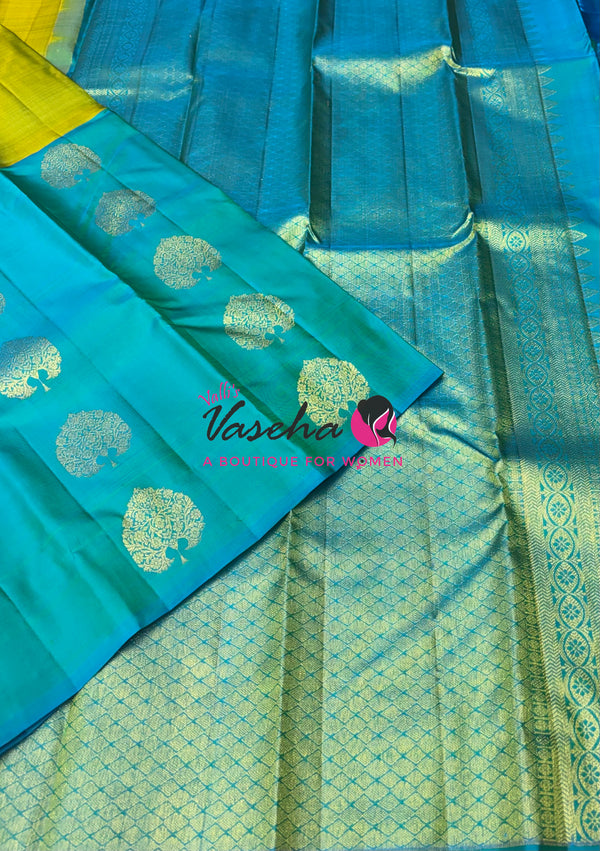 Pure Kanchipuram Silk Saree - Half & Half - Lemon Green with Turquoise Blue Shade - VVPS065