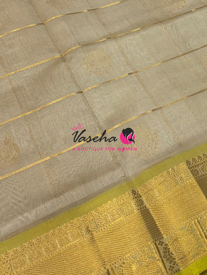 Pure Silk Cotton Saree - Mayil & Chakkaram Design - Light Grey With Yellow Shade - VVMC001