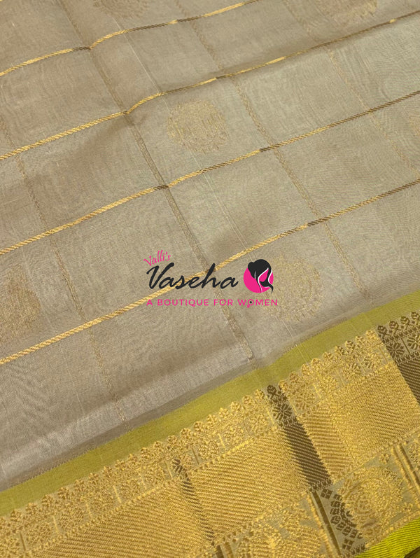 Pure Silk Cotton Saree - Mayil & Chakkaram Design - Light Grey With Yellow Shade - VVMC001