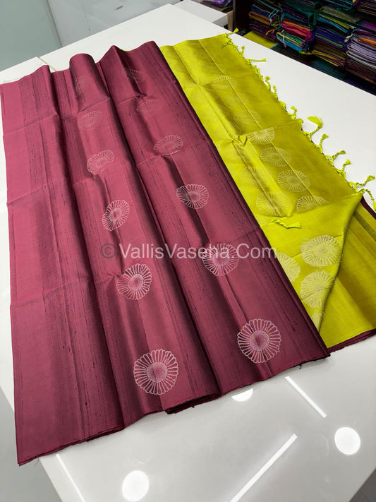 Pure Soft Silk Saree - Dupion Weaving - Wine  & Lemon Green Shade - VVPSS065