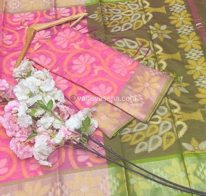 Banarasi Pochampally Weaving Semi Soft Cotton Saree - Pink with Green- VVBPS001