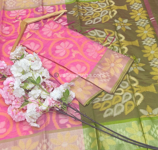 Banarasi Pochampally Weaving Semi Soft Cotton Saree - Pink with Green- VVBPS001