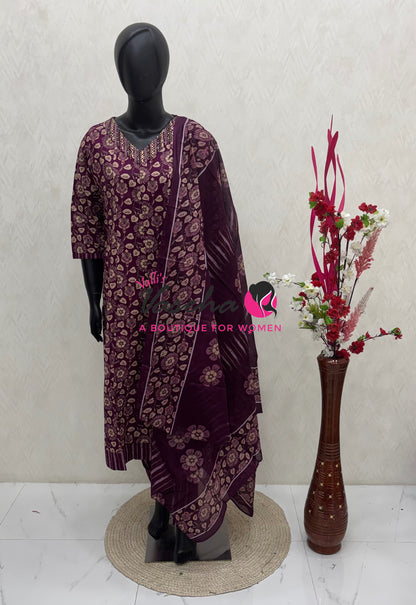 Ready Made - Anarkali - Salwar, Kameez & Duppatta(3pc)- Printed Cotton - VVAS011