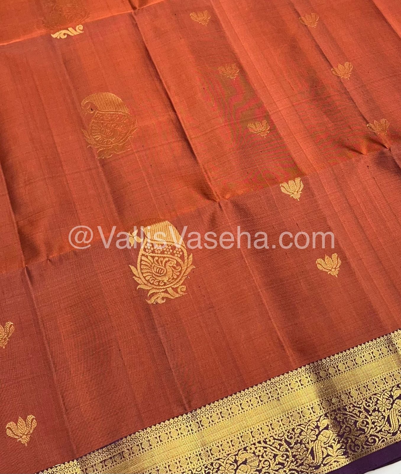 Pure Soft Silk Saree - Kanchi Border - Dark Rust Orangish Brown & Dark Purple Combo - VVPSS046
