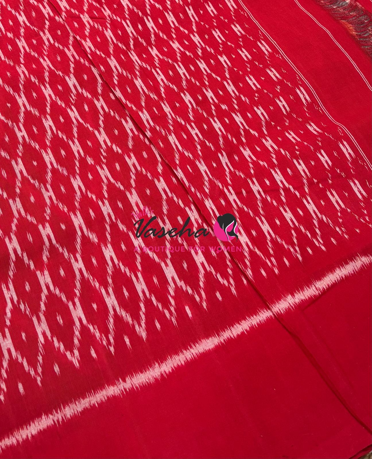 Double Ikkat Pure Cotton Saree -  Blue With Red  - VVIKS002