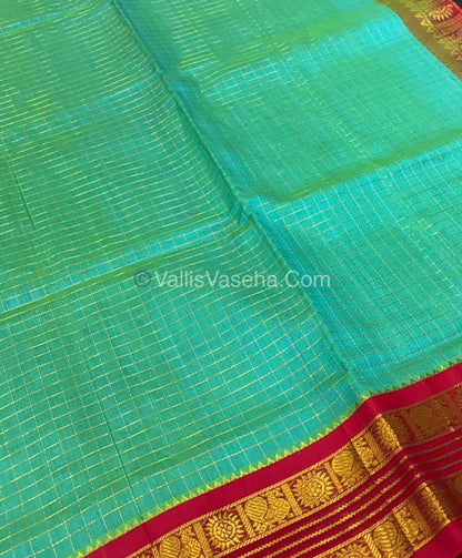 Pure Korvai Silk Cotton - Retta Petta Border - Blue  with Red Combo - VVKSC010