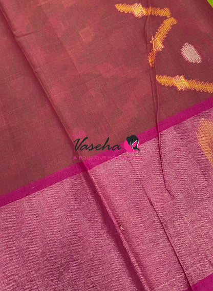 Banarasi Pochampally Weaving Semi Soft Cotton Saree - Parrot Green with Pink  - VVBPS001