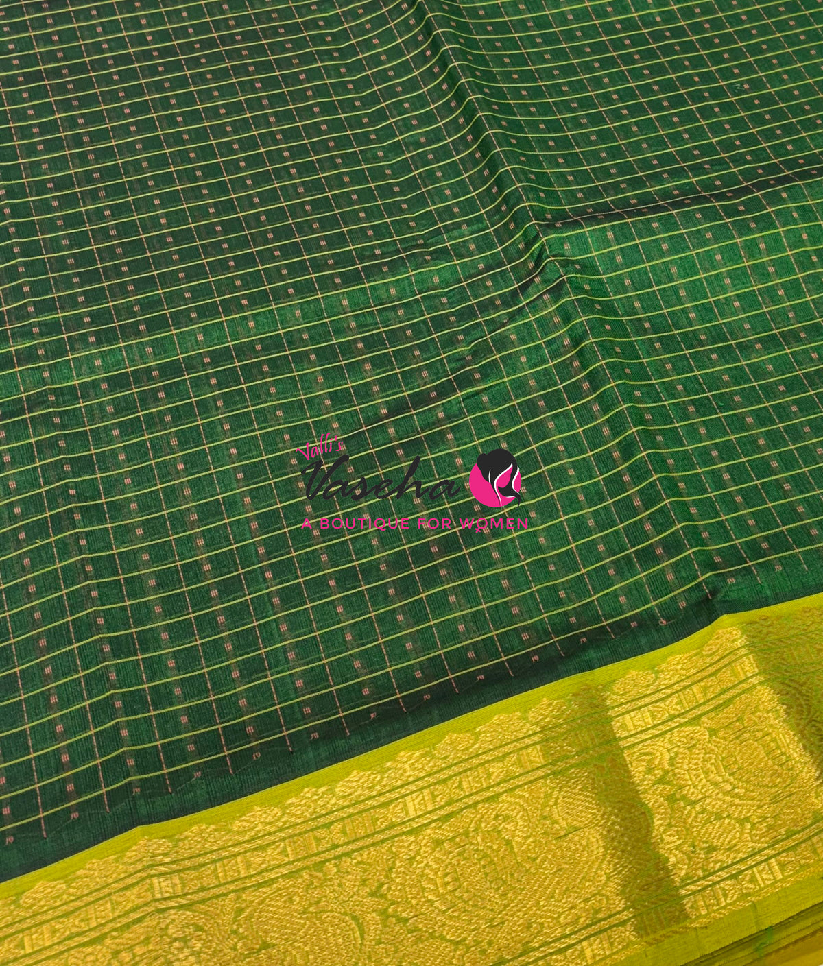 Pure Silk Cotton Saree - Green With Lemon Yellow Shade - Lakshadeepam Design - VVPLD001