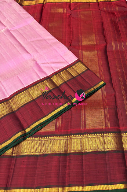 Pure Vintage Korvai Kanchipuram Silk Saree - Baby Pink & Maroon Combo - VVPS021