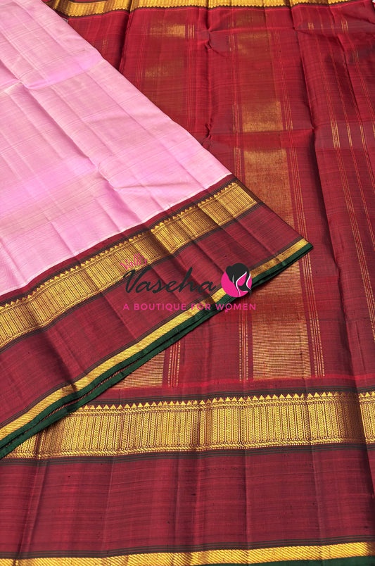 Pure Vintage Korvai Kanchipuram Silk Saree - Baby Pink & Maroon Combo - VVPS021