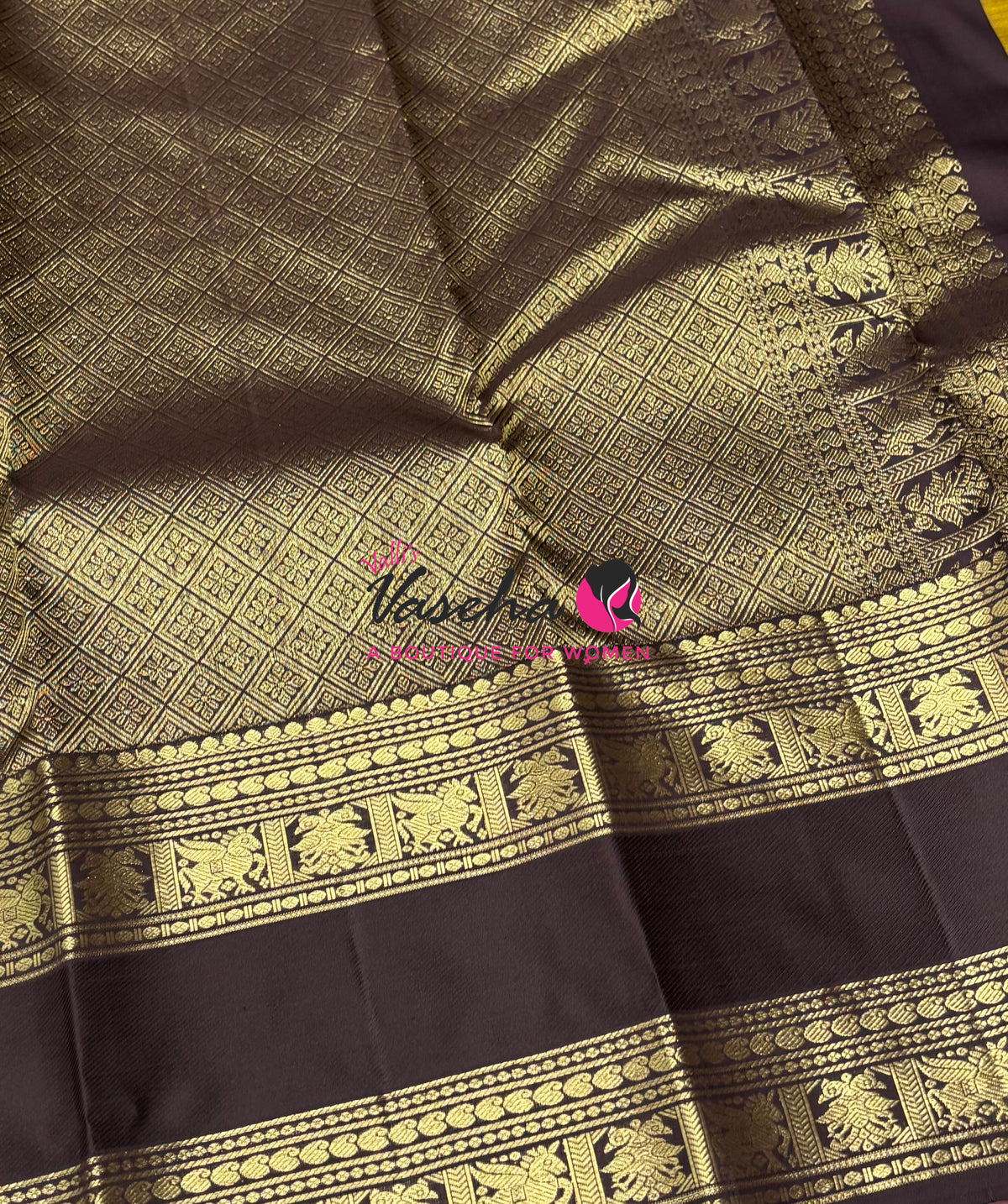 Pure Kanchipuram Silk Saree - Mustard Yellow & Brown Combo - VVPS034