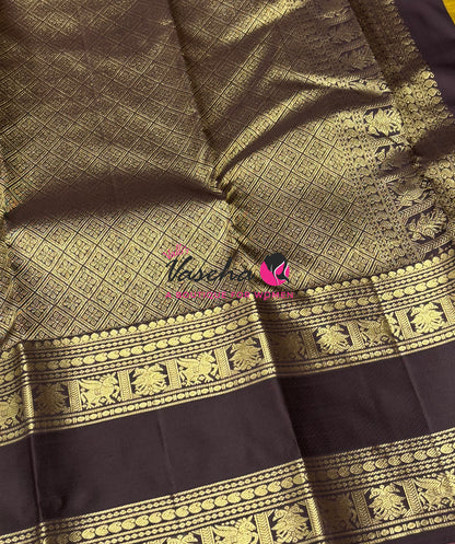 Pure Kanchipuram Silk Saree - Mustard Yellow & Brown Combo - VVPS034