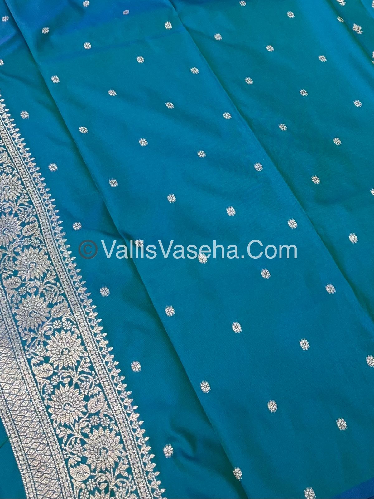 Semi Soft Silk - Peacock & Mango Butta Border - Peacock blue Shade -VVSSS015