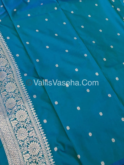 Semi Soft Silk - Peacock & Mango Butta Border - Peacock blue Shade -VVSSS015