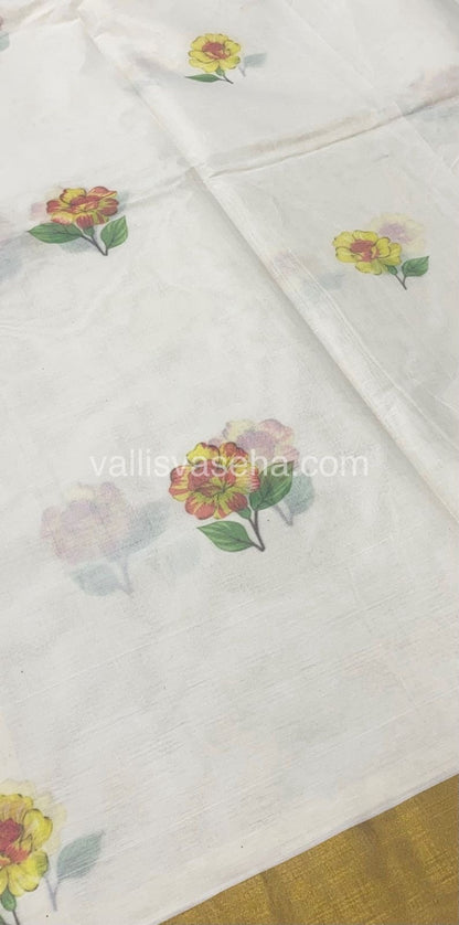 Kerala Cotton Saree - Cream With Golden Border - VVKCS001