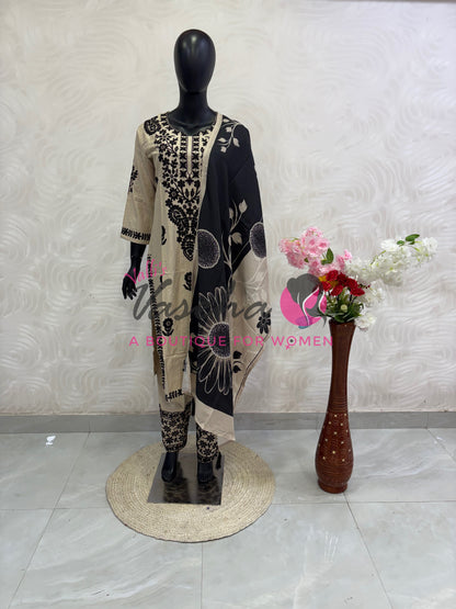 Readymade 3pc Set - Ivory & Black - Thread Embroidered - VVRMS009
