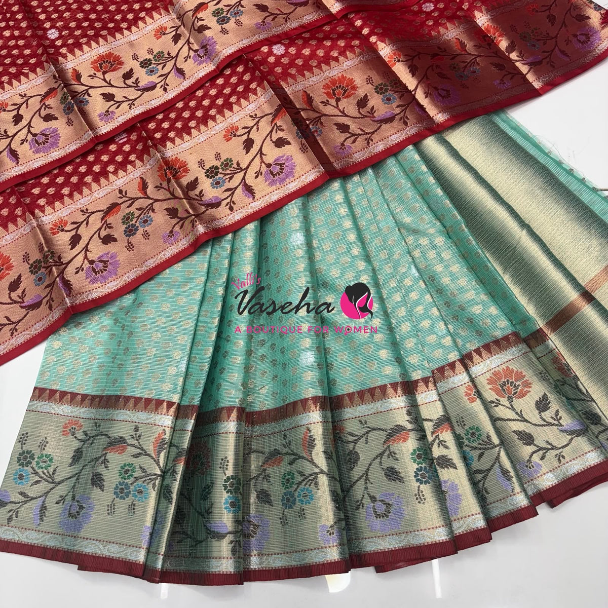 Unstitched - Lehenga Material - Zari Kota Tissue - Sea Green & Red - VVULM001