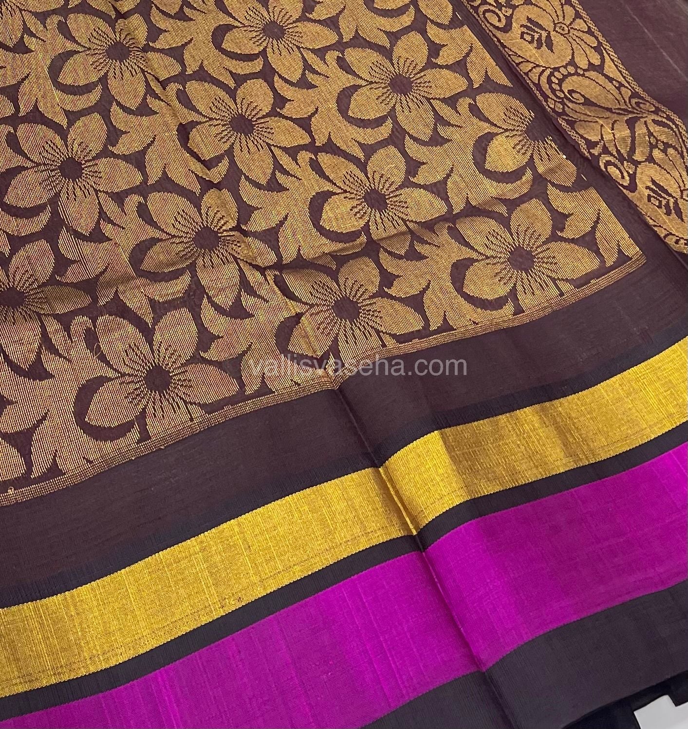 Pure Korvai Silk Cotton Saree - Cream with Brown Combo - Temple border - VVKSC001