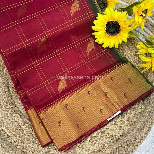 Pure Silk Cotton Saree - Paithani border - Merun & Green Combo - VVPSC001