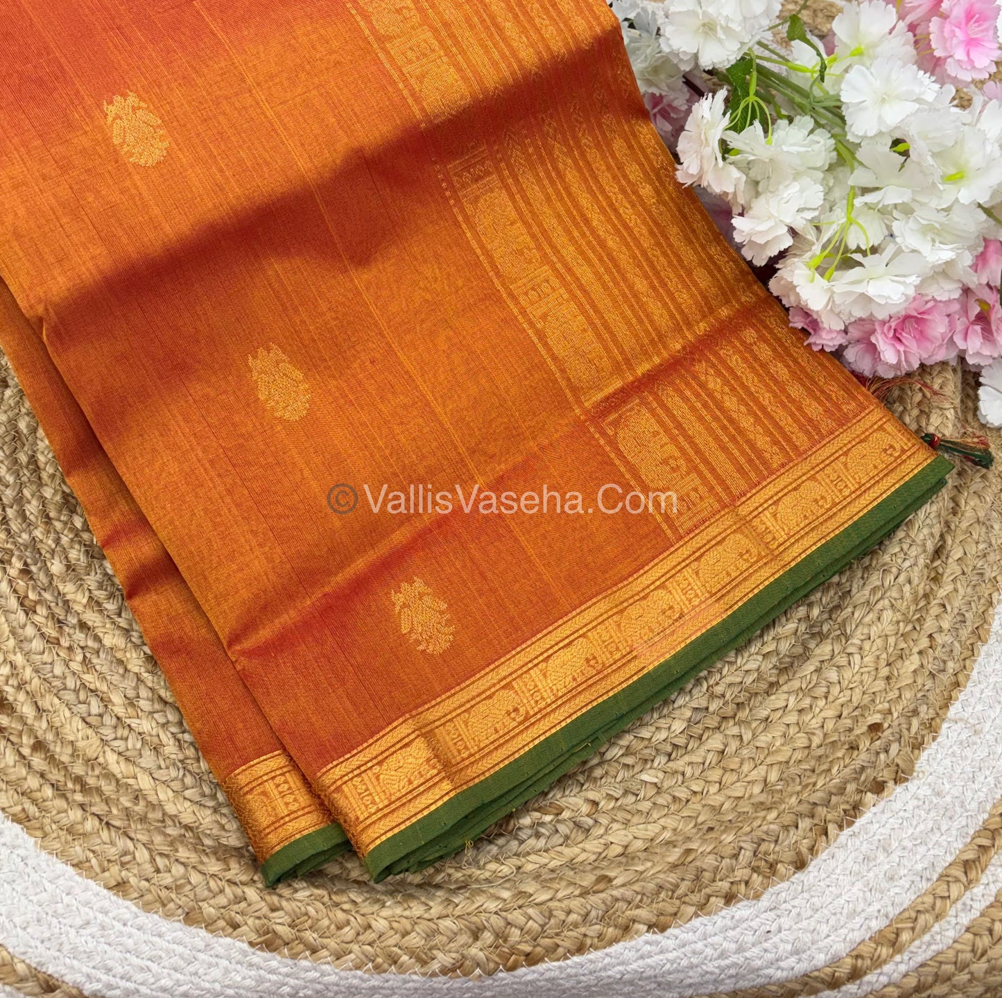 Pure Silk Cotton Saree - Retta Mayil Design - Dual Tone - Orangish Yellow Shade - VVRMS001