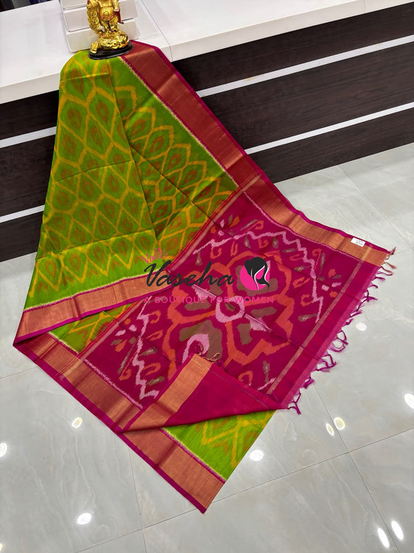 Pochampally Silk Cotton Saree - Green & Pink Shade - VVPPS001