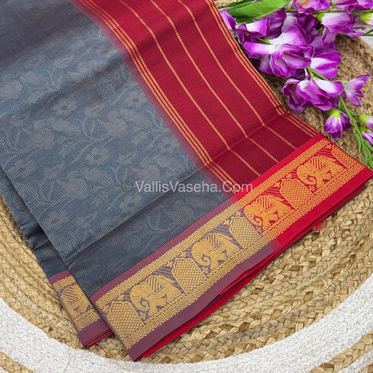 Semi Silk Cotton Saree - Grey With Reddish Maroon Shade - VVSSC007