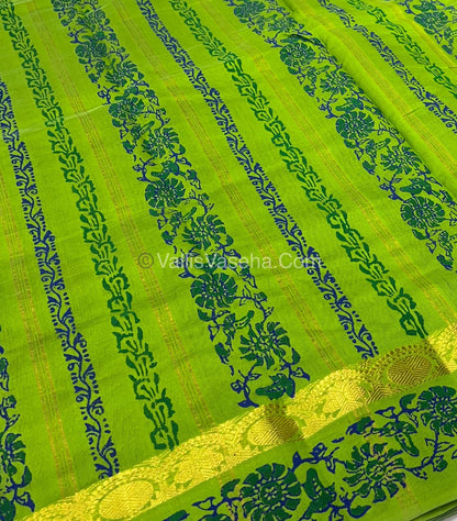 Pure Printed Silk Cotton Sarees - Blue with Green - VVPSC003