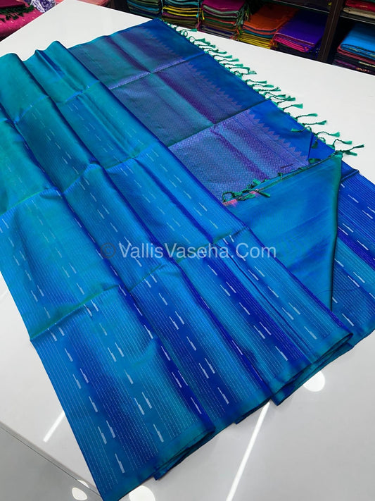 Pure Soft Silk Saree - Antique Zari - Border Less - Peacock Blue  - VVPSS037