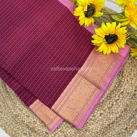 Pure Silk Cotton Saree - Maroonish Wine Shade with pink Lakshadeepam Design - VVPLD001