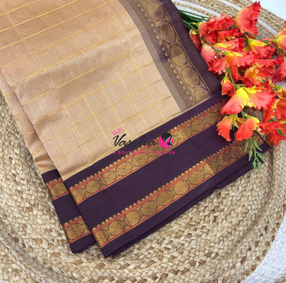 Pure Korvai Silk Cotton With Retta Petta Border - Checks pattern - Chikku & Wine Brown - VVKSC013