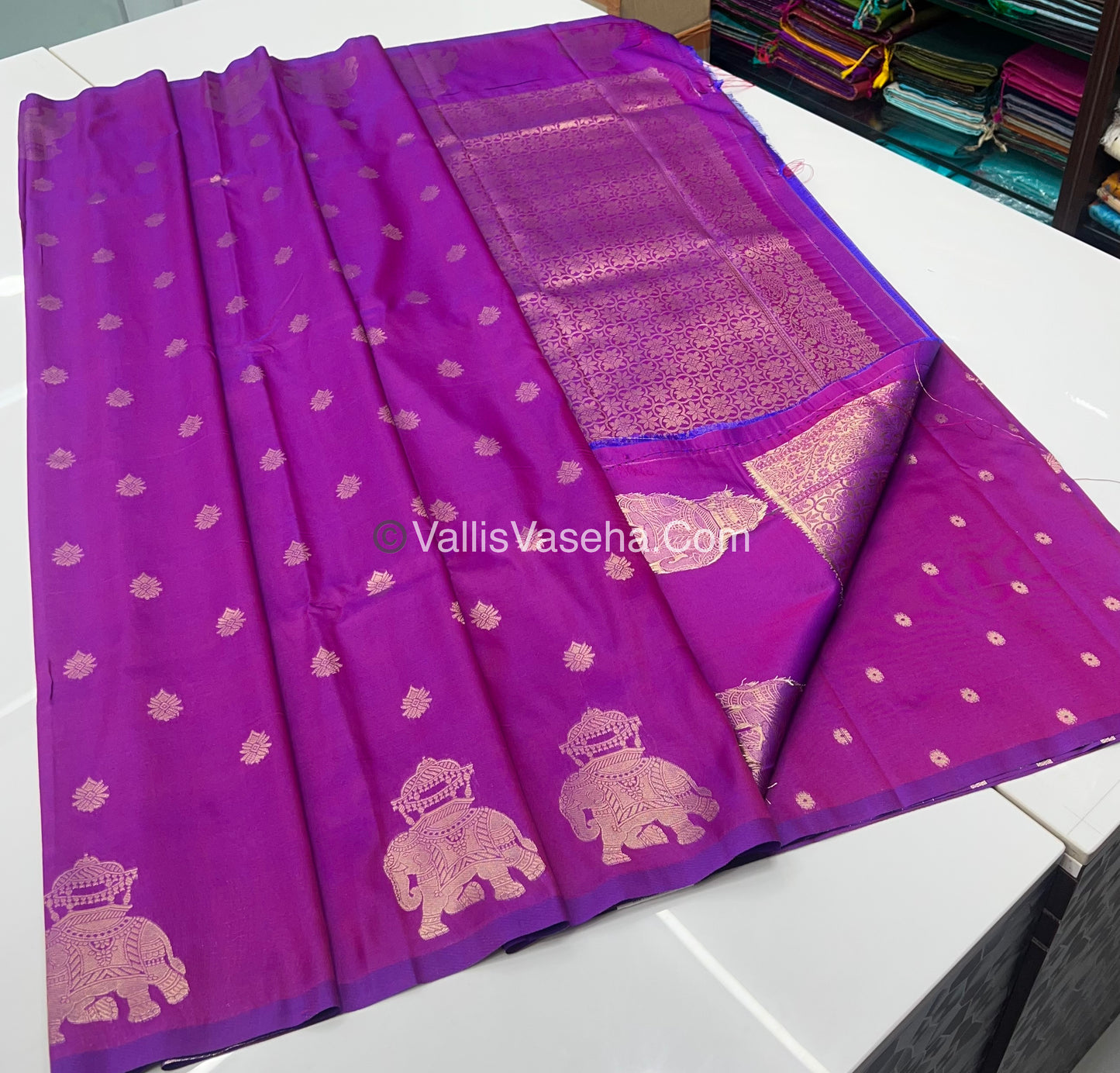 Semi Soft Silk - Elephant Butta Border - Purplish Pink Shade -VVSSS011