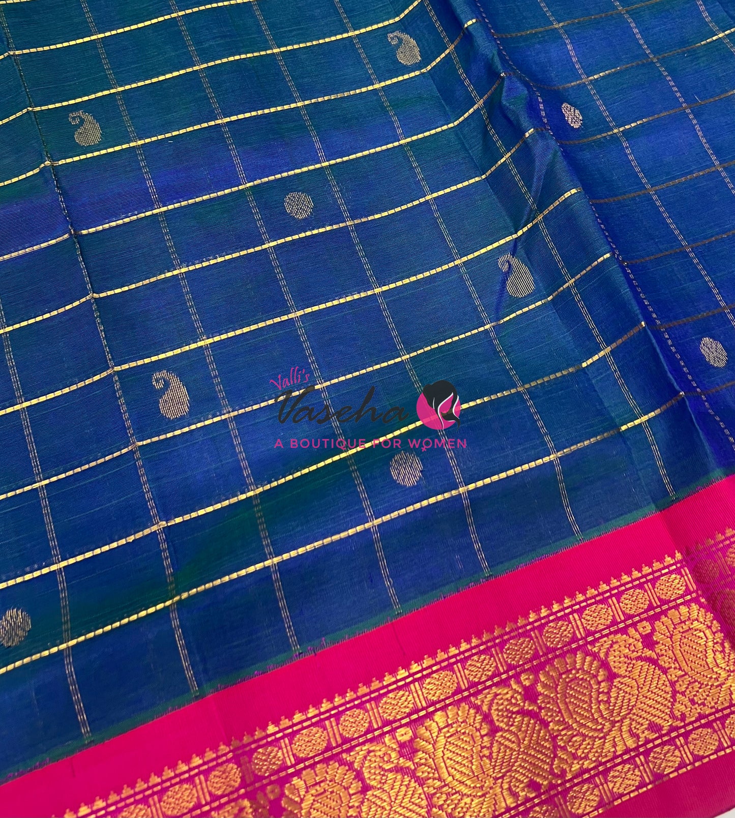 Pure Korvai Silk Cotton - Checks Pattern - Peacock Blue with Pink Shade  - VVKSC015