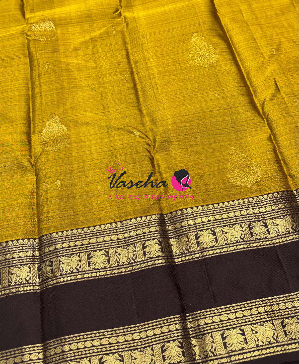 Pure Kanchipuram Silk Saree - Mustard Yellow & Brown Combo - VVPS034